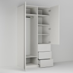 Vysoká skříň se dvěma dvířky a třemi zásuvkami, šatní tyčí a policemi