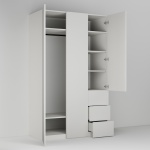 Vysoká skříň se třemi dvířky a třemi zásuvkami, šatní tyčí a policemi