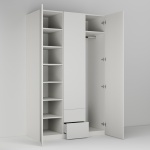 Vysoká skříň se třemi dvířky a dvěma zásuvkami, šatní tyčí a policemi