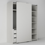 Skříň s dvěma posuvnými dveřmi, třemi zásuvkami, šatní tyčí a policemi