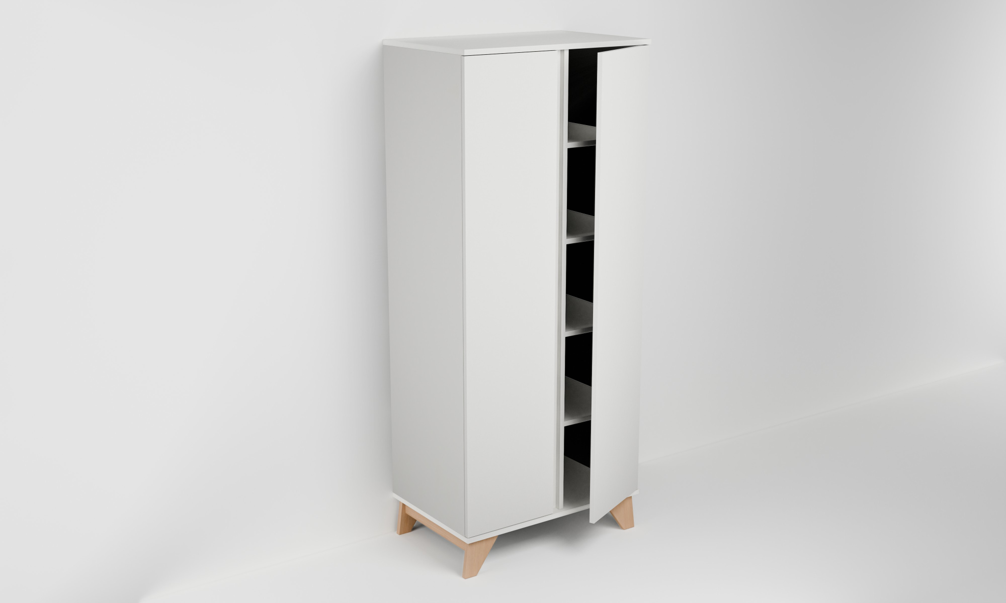 Vysoká skříňka se dvěma dvířky a policemi