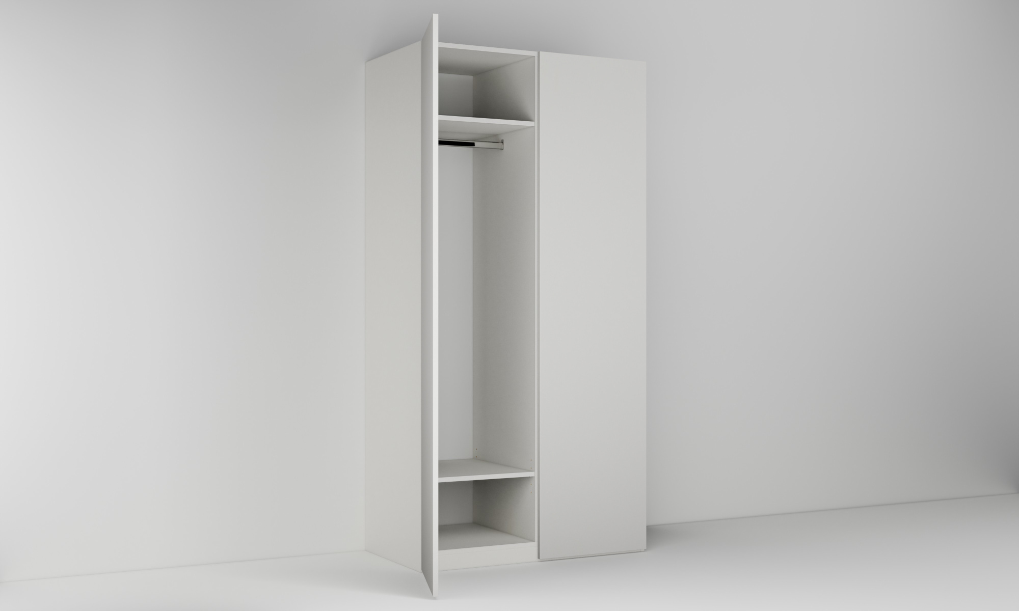 Vysoká skříň se dvěma dvířky, šatní tyčí a policemi