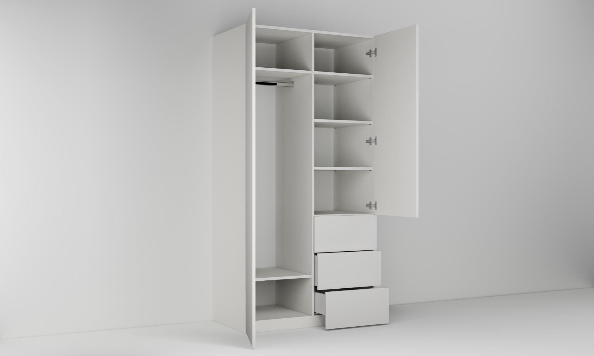 Vysoká skříň se dvěma dvířky a třemi zásuvkami, šatní tyčí a policemi