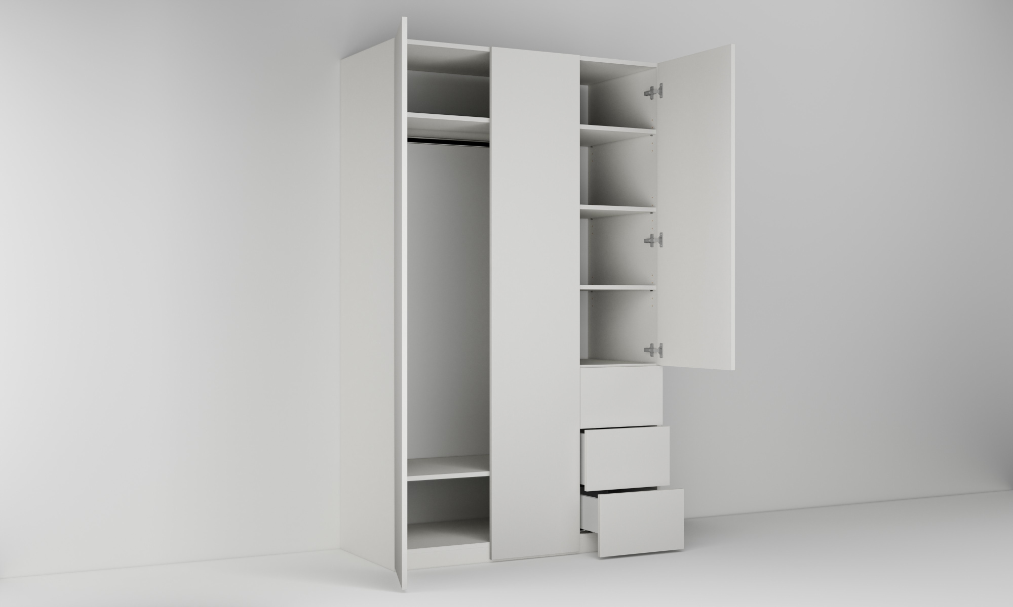 Vysoká skříň se třemi dvířky a třemi zásuvkami, šatní tyčí a policemi