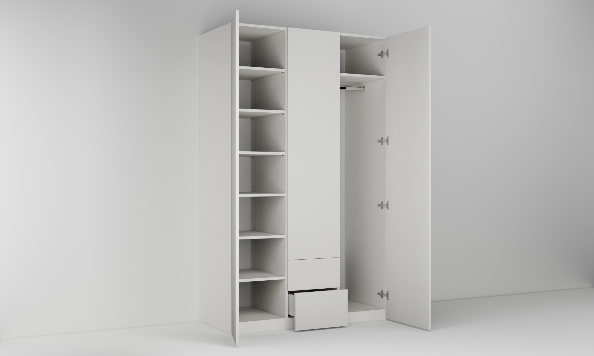 Vysoká skříň se třemi dvířky a dvěma zásuvkami, šatní tyčí a policemi