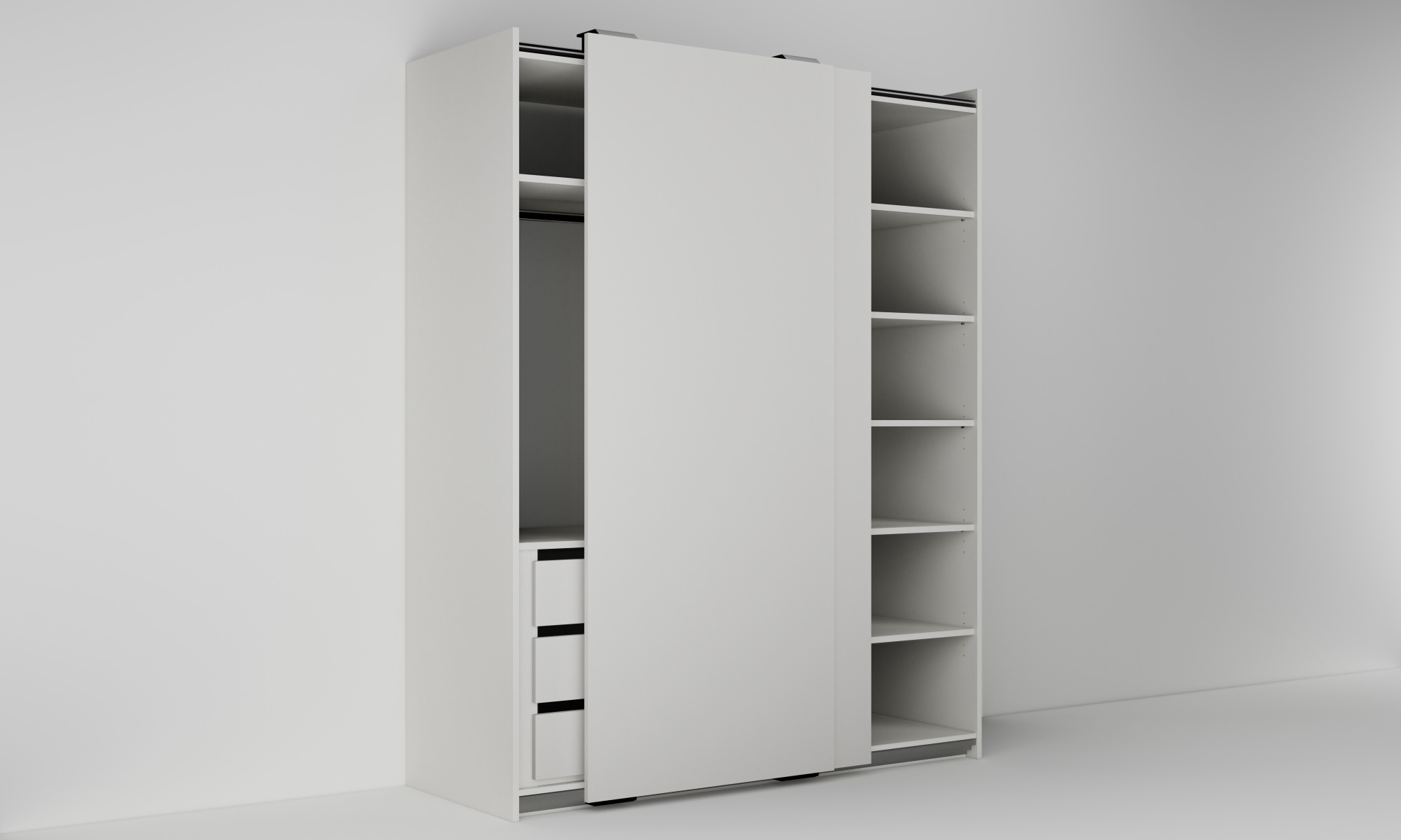 Skříň s dvěma posuvnými dveřmi, třemi zásuvkami, šatní tyčí a policemi