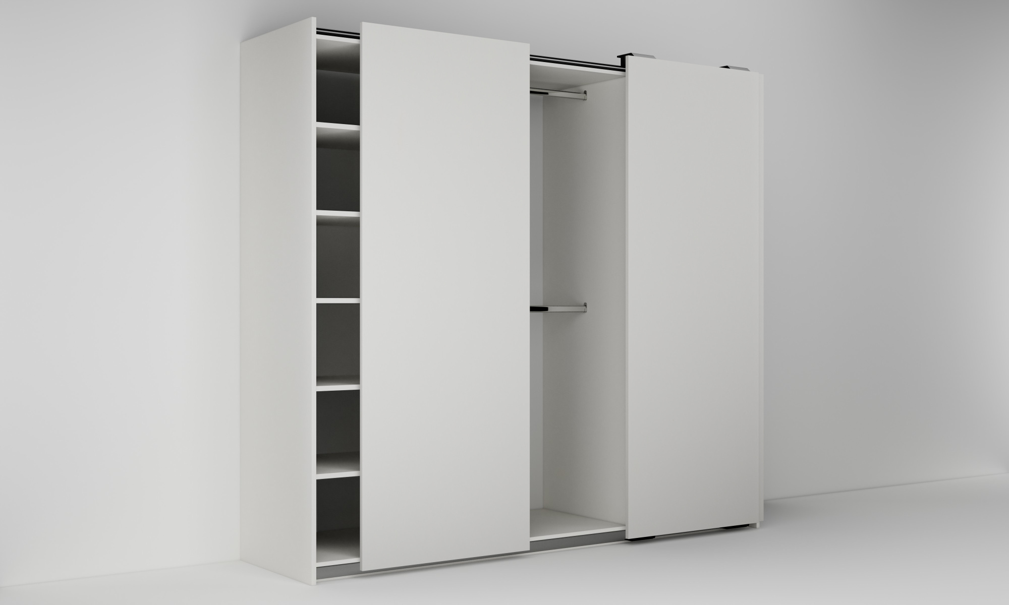 Skříň se třemi posuvnými dveřmi, policemi a dvěma tyčemi