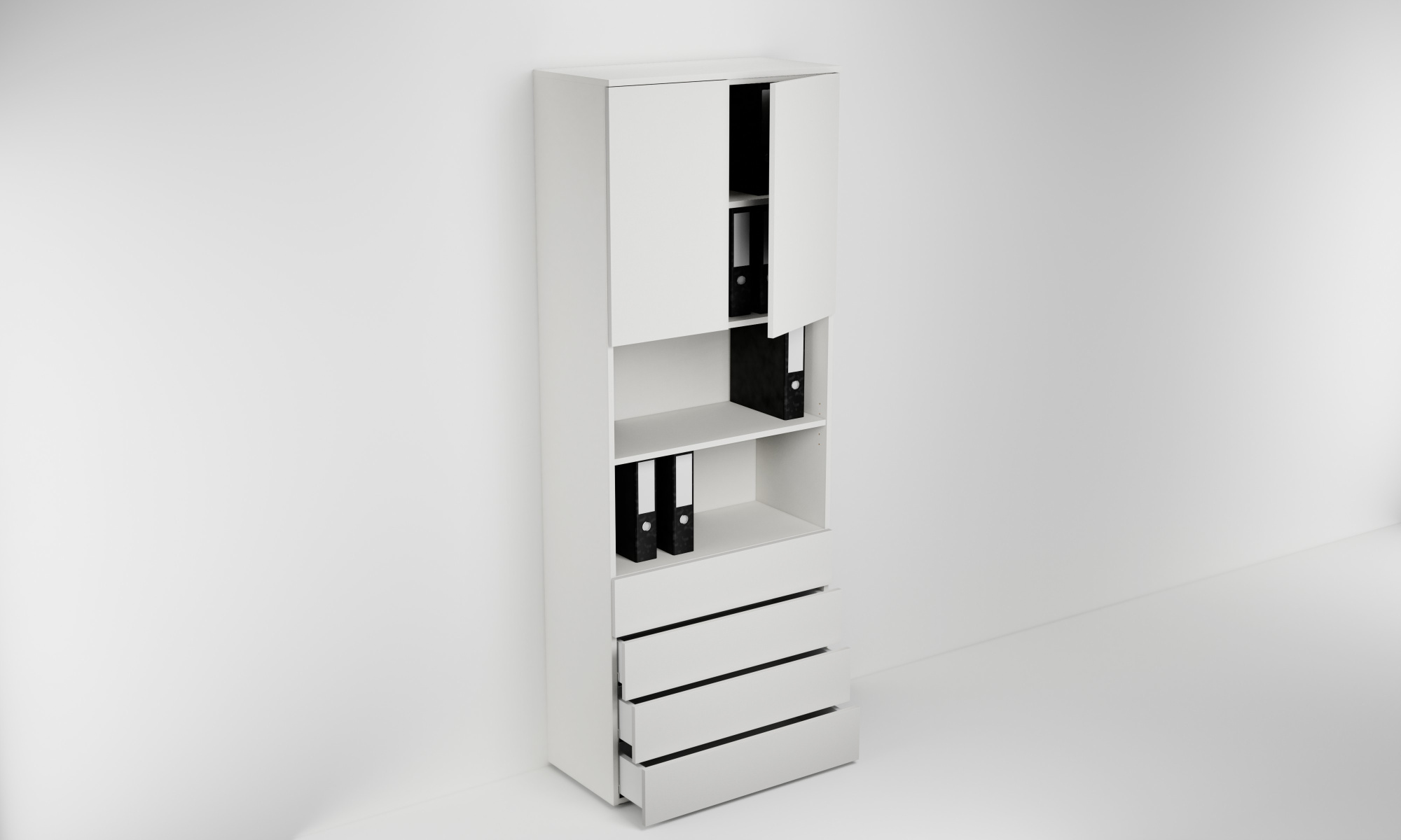 Kancelářská skříňka š. 80 cm v. 214 cm se čtyřmi zásuvkami, dvěma dvířky a dvěma nikami